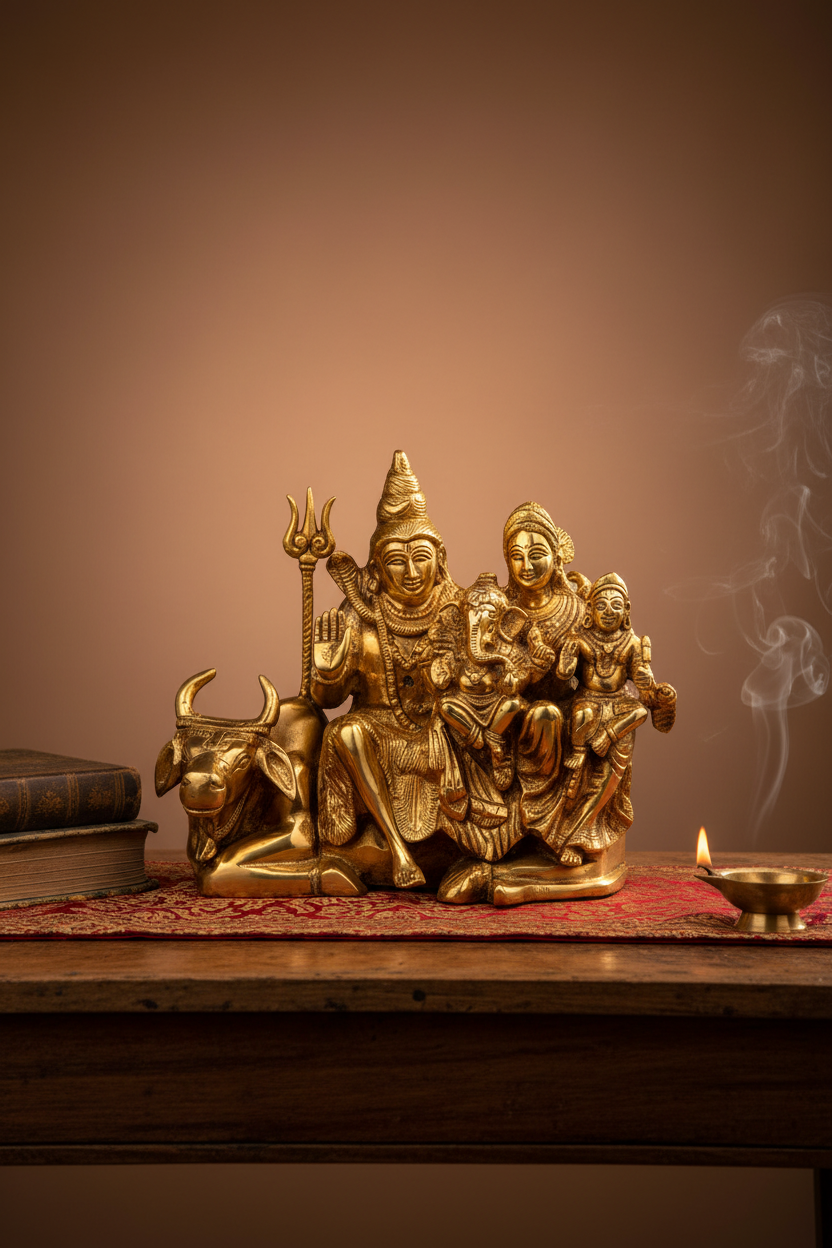 Shiv Parivar Brass Idol Gold Finish 7 Inch Premium Handcrafted Statue for Home Temple