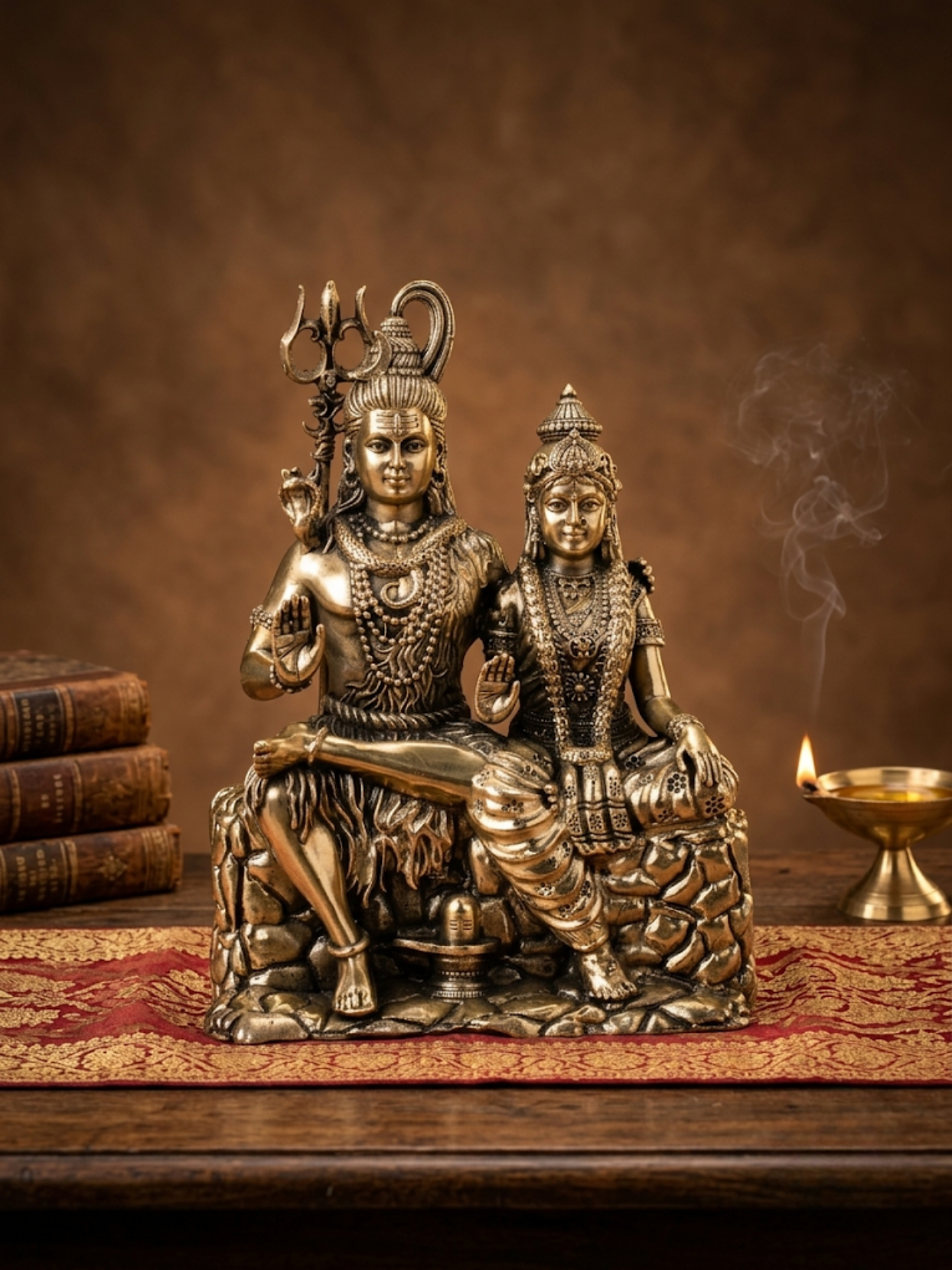 Front view of the Mani Monk Ashtadhatu Shiva Parvati idol, styled on a traditional pooja altar with incense and a lit diya.