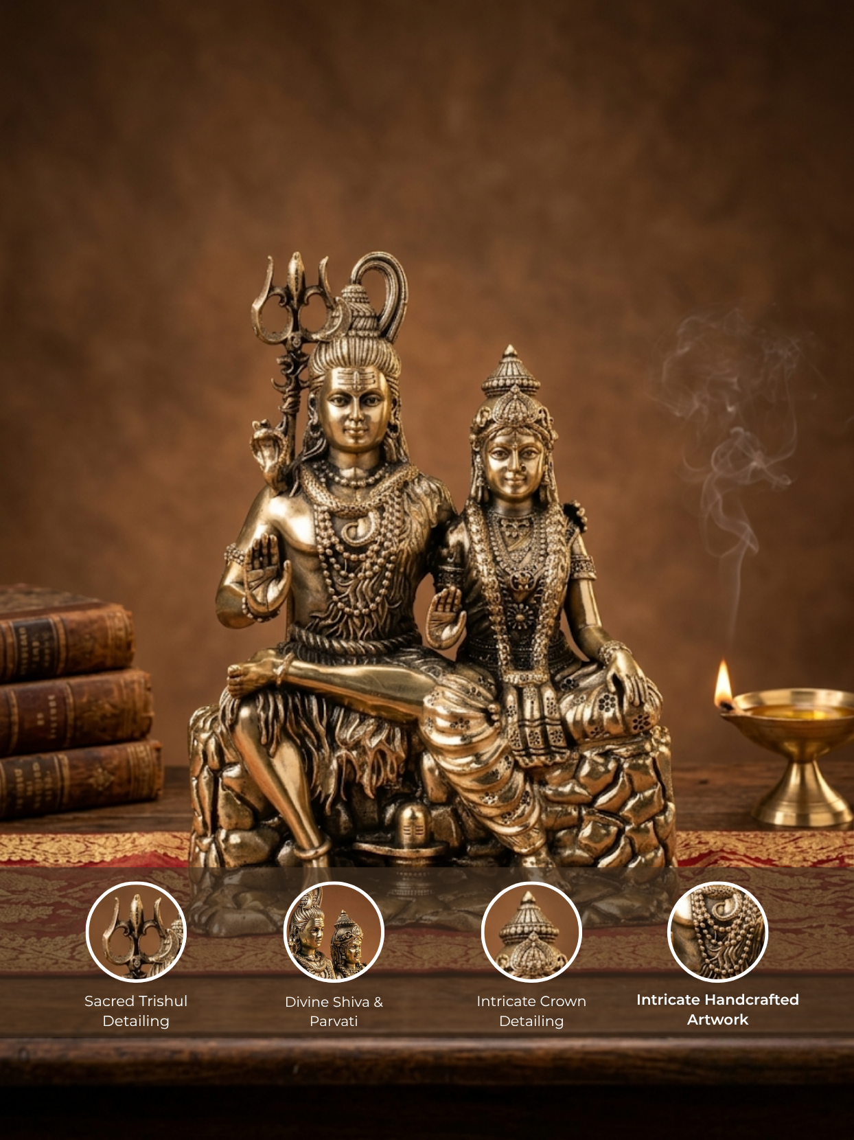 Detailed feature view of the Mani Monk Shiva Parvati idol highlighting the intricate sacred detailing, the divine presence of Lord Shiva and Goddess Parvati, and antique Ashtadhatu finish