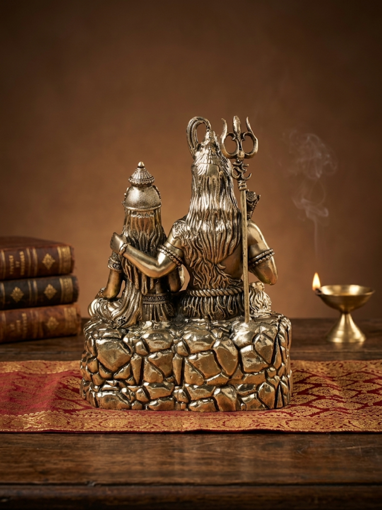 Back angle of the traditional Ashtadhatu Shiva Parvati statue, displaying the detailed rear metal craftsmanship and divine posture