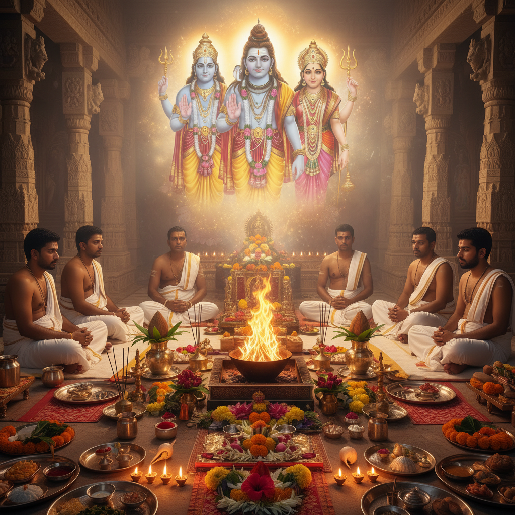 Shodashopachara Puja, Square image of  Puja with specific Lord visuals glowing in the background, 4–6 pandits sitting and performing pooja around a havan kund, traditional setup, spiritual atmosphere, high-quality.