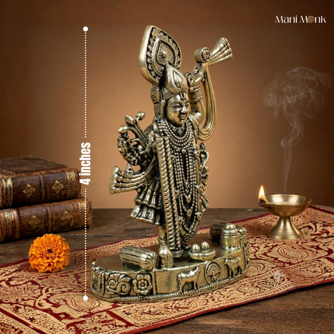 Dimensions scale view of the 8-metal Ashtadhatu Shreenathji murti, perfectly sized for home mandir decor and spiritual worship