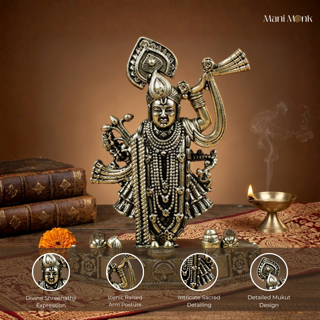 Detailed feature view of the Mani Monk Shreenathji idol highlighting the intricate sacred detailing, divine posture, and antique Ashtadhatu finish