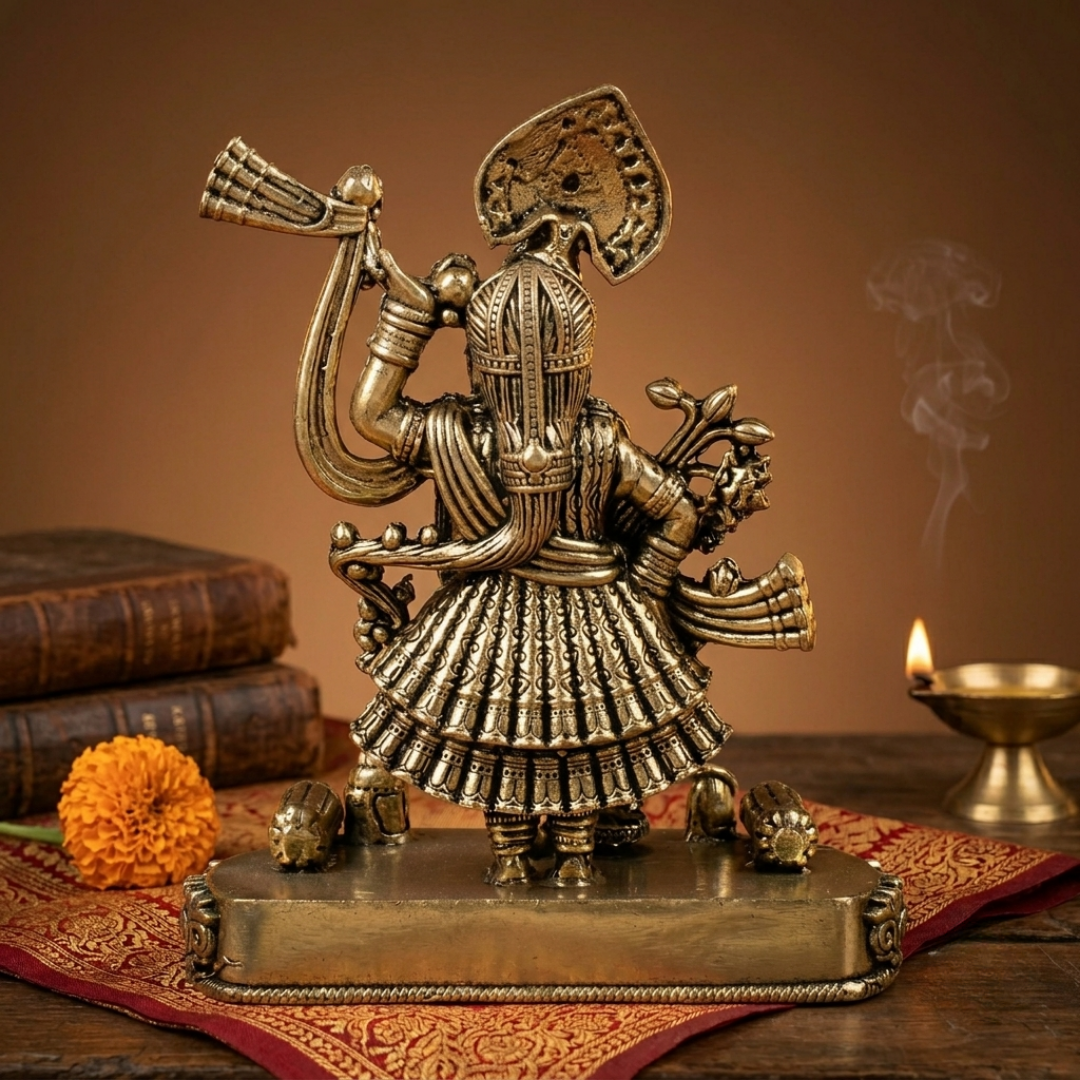 Back angle of the traditional Ashtadhatu Shreenathji statue, displaying the detailed rear metal craftsmanship and traditional divine stance.