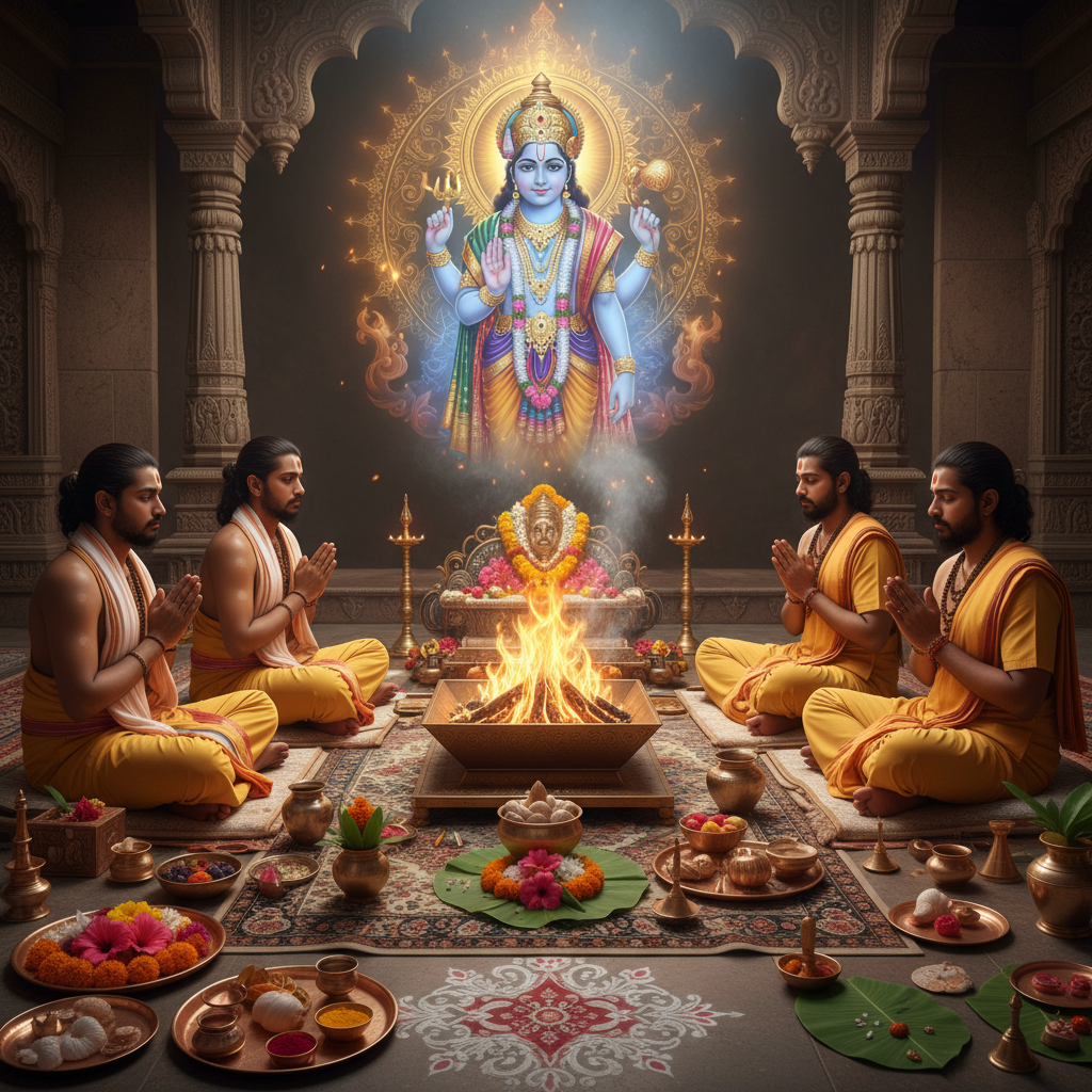 Shuddhikaran Puja (Purification Puja), Square image of  Puja with specific Lord visuals glowing in the background, 4–6 pandits sitting and performing pooja around a havan kund, traditional setup, spiritual atmosphere, high-quality.