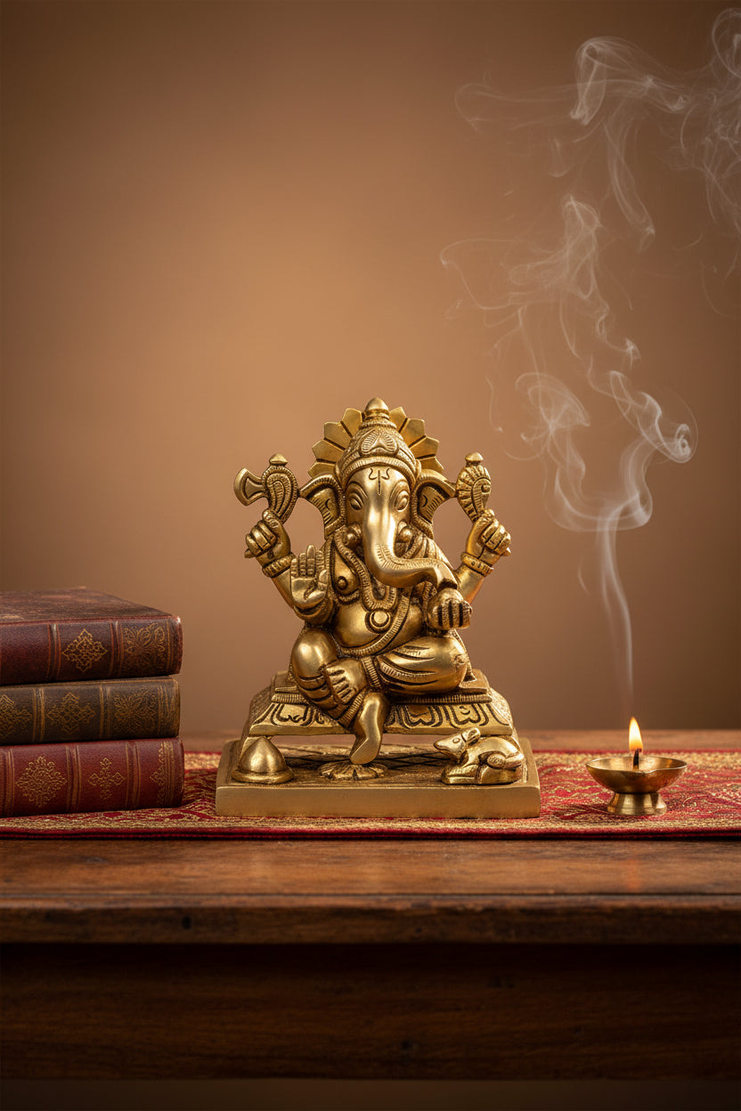 Singhasan Ganesh Brass Idol 5 Inch Seated Ganesha Statue for Home Temple Puja Room