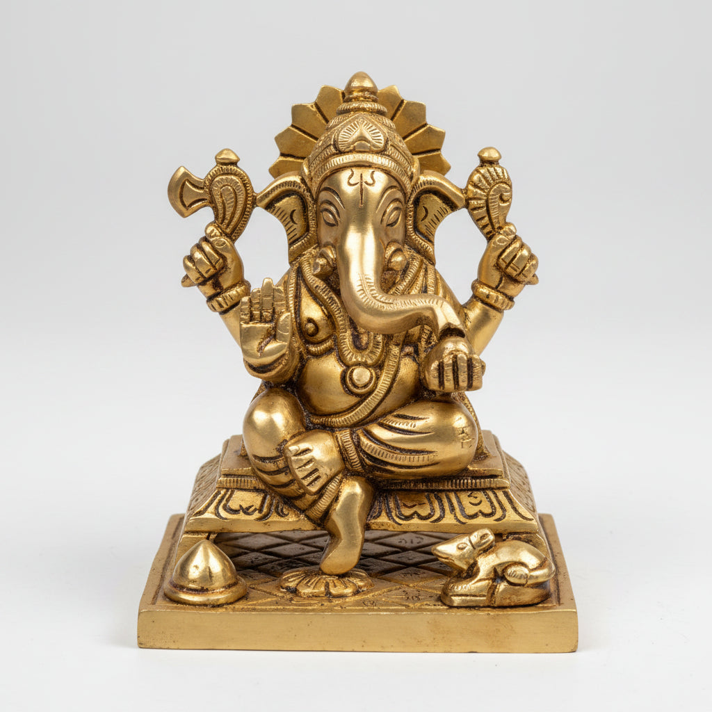 Singhasan Ganesh Brass Idol 5 Inch Seated Ganesha Statue for Home Temple Puja Room