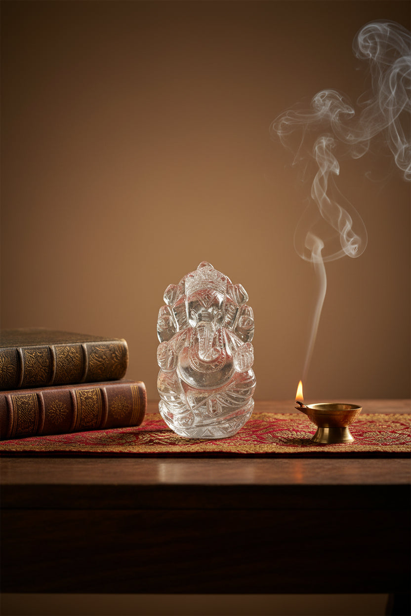 Sphatik Ganesh Idol | Pure Crystal Quartz | 55 Gms | 2.1 Inch - ManiMonk