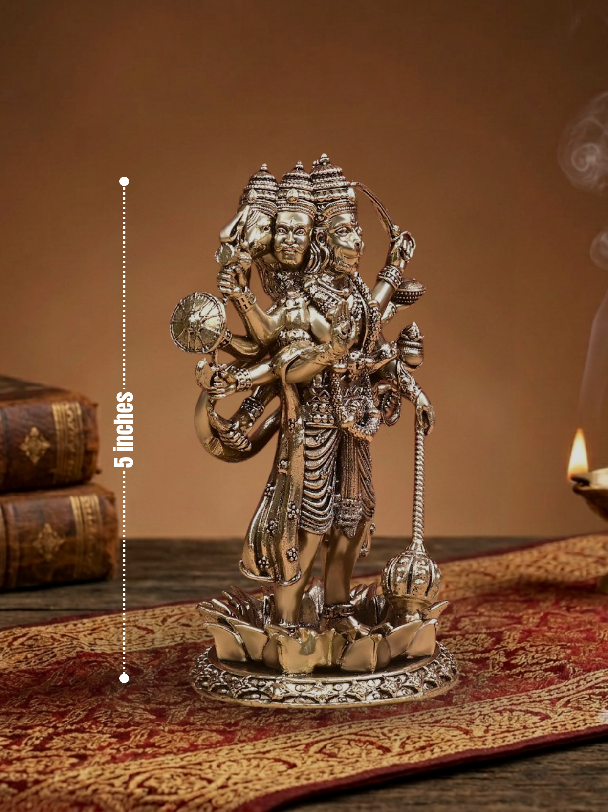Dimensions scale view of the 8-metal Ashtadhatu Standing Panchmukhi Hanuman murti, perfectly sized for home mandir decor and spiritual worship.