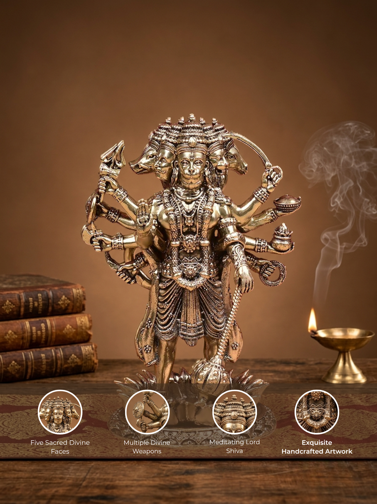 Detailed feature view of the Mani Monk Standing Panchmukhi Hanuman idol highlighting the intricate sacred detailing, the five divine faces (Panchmukhi), and antique Ashtadhatu finish.