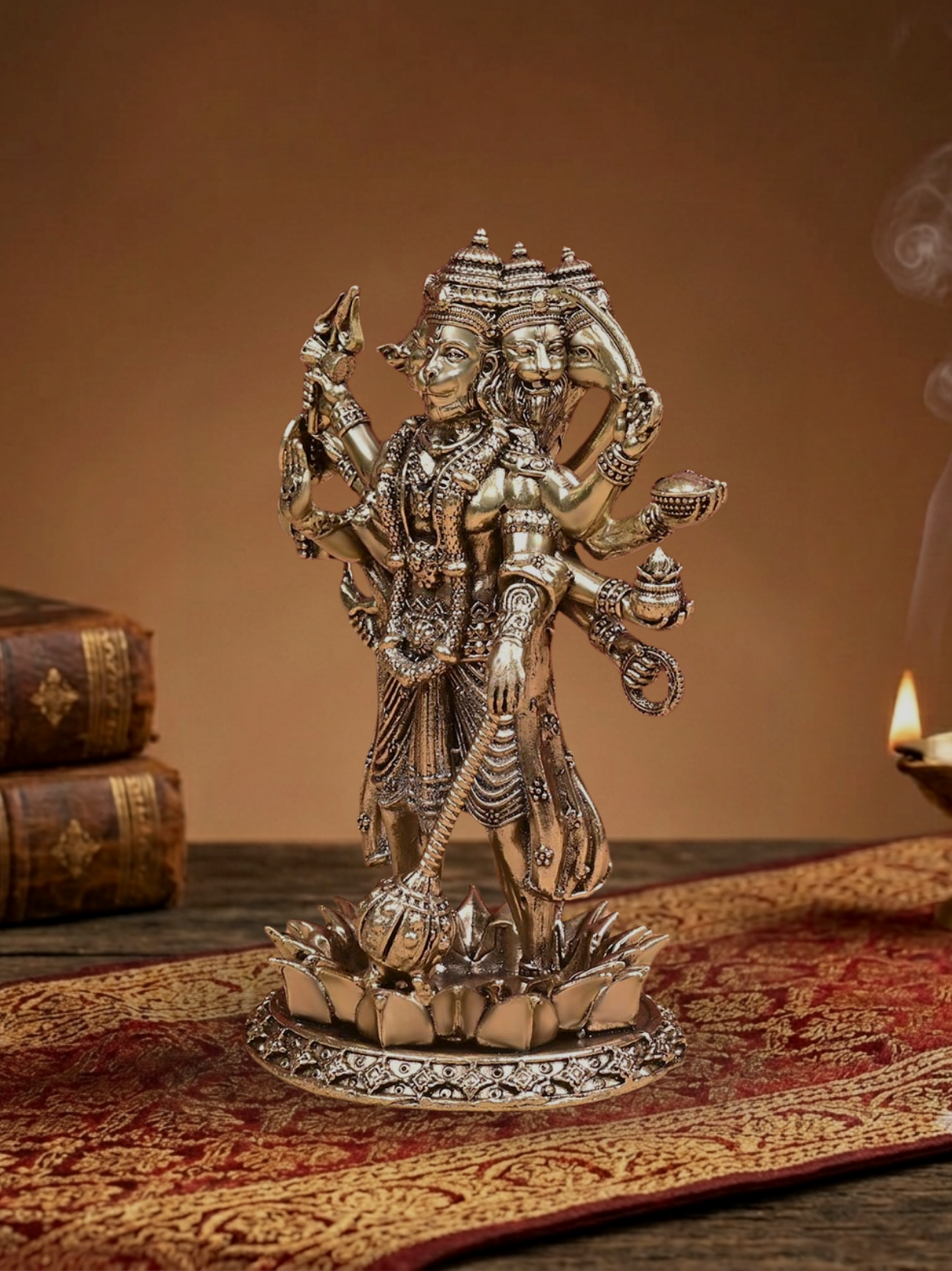 Right angle of the traditional Ashtadhatu Standing Panchmukhi Hanuman statue, displaying the detailed rear metal craftsmanship and divine standing stance.