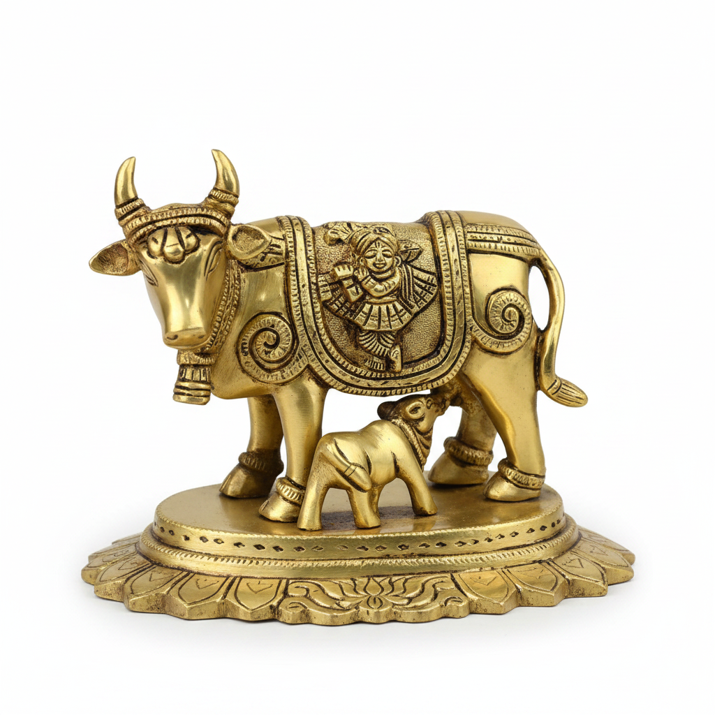 Surbhi Cow and Calf Gau Mata With Bansuri Krishna and Peacock Engraving Handcrafted Pure Brass Idol