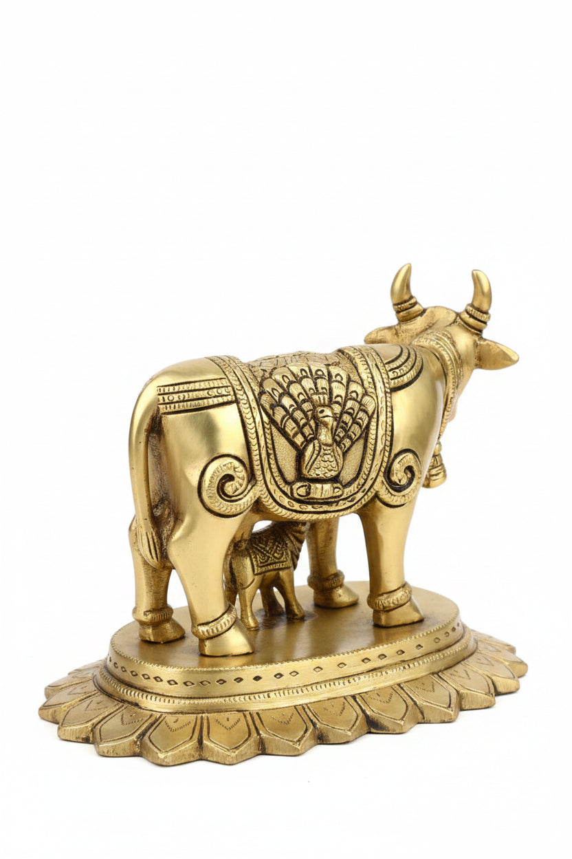 Surbhi Cow and Calf Gau Mata With Bansuri Krishna and Peacock Engraving Handcrafted Pure Brass Idol