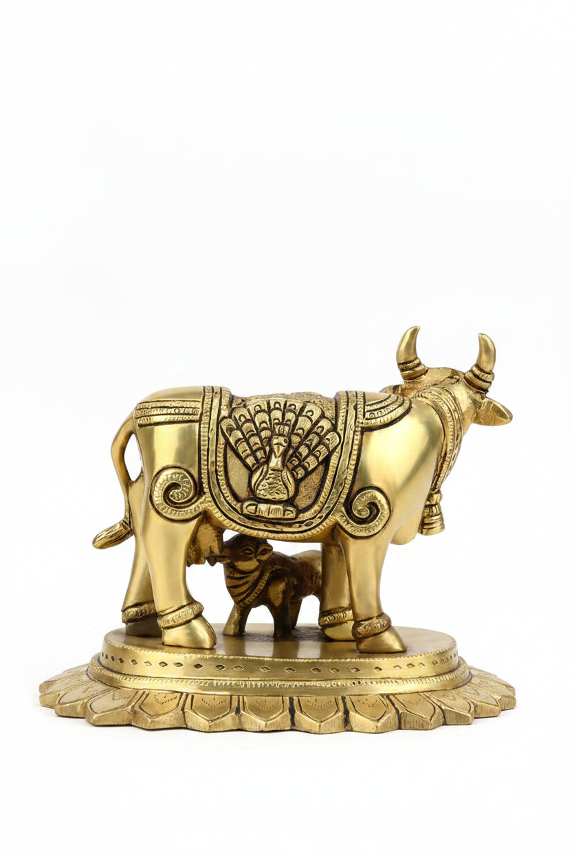 Surbhi Cow and Calf Gau Mata With Bansuri Krishna and Peacock Engraving Handcrafted Pure Brass Idol