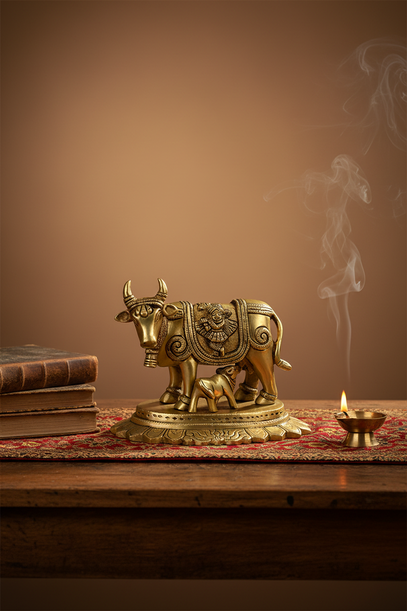 Surbhi Cow and Calf Gau Mata With Bansuri Krishna and Peacock Engraving Handcrafted Pure Brass Idol