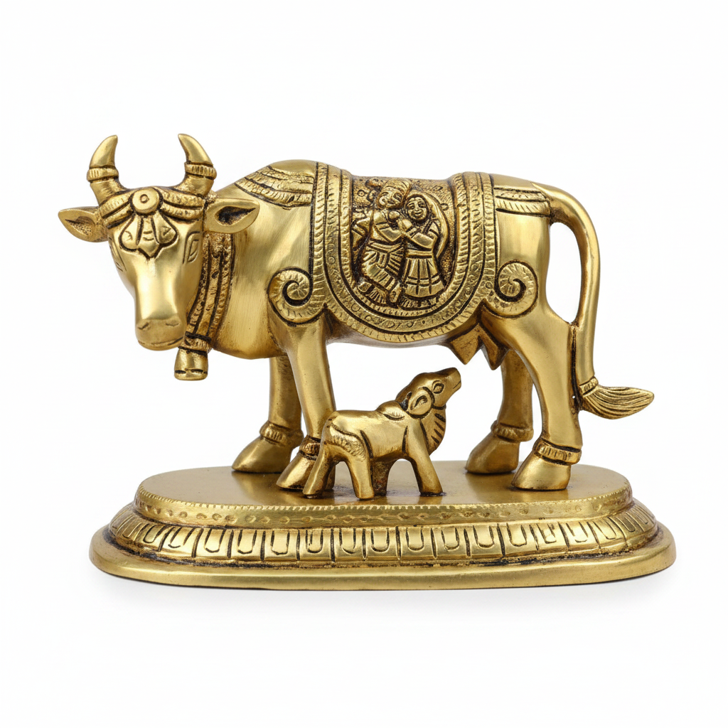 Surbhi Cow and Calf Gau Mata With Radha Krishna Engraving Handcrafted Pure Brass Idol