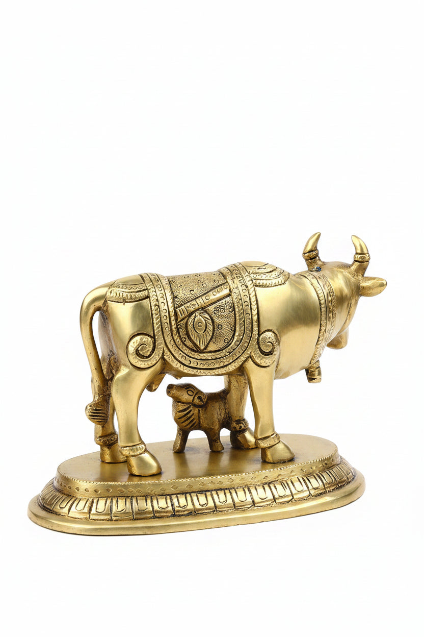 Surbhi Cow and Calf Gau Mata With Radha Krishna Engraving Handcrafted Pure Brass Idol