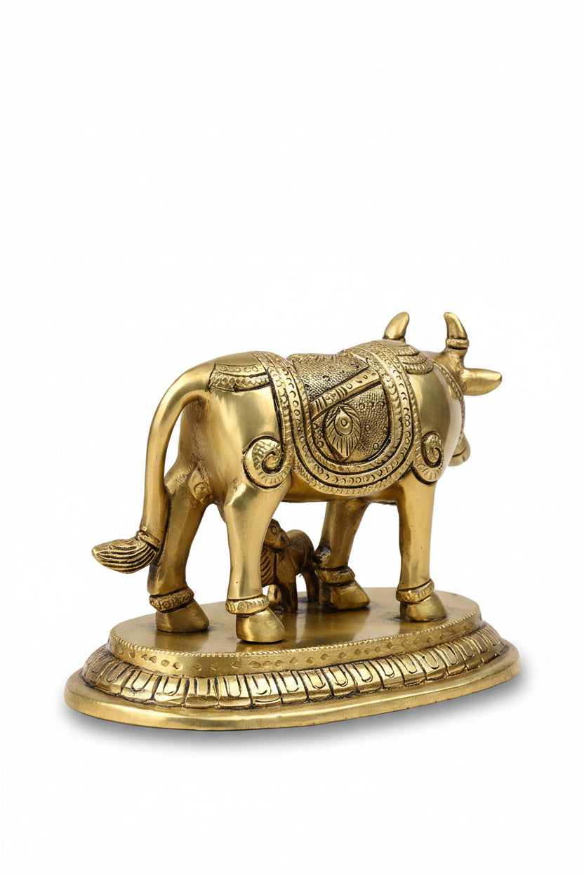 Surbhi Cow and Calf Gau Mata With Radha Krishna Engraving Handcrafted Pure Brass Idol
