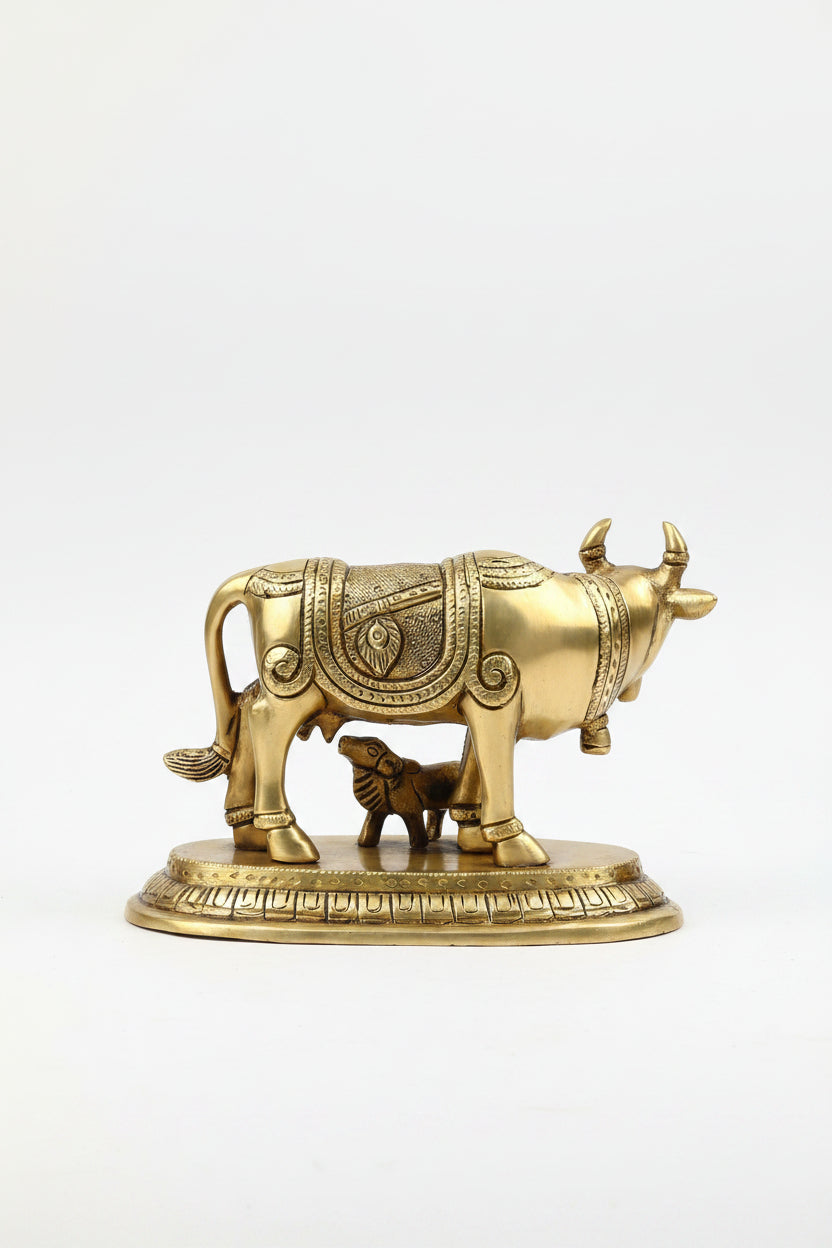 Surbhi Cow and Calf Gau Mata With Radha Krishna Engraving Handcrafted Pure Brass Idol