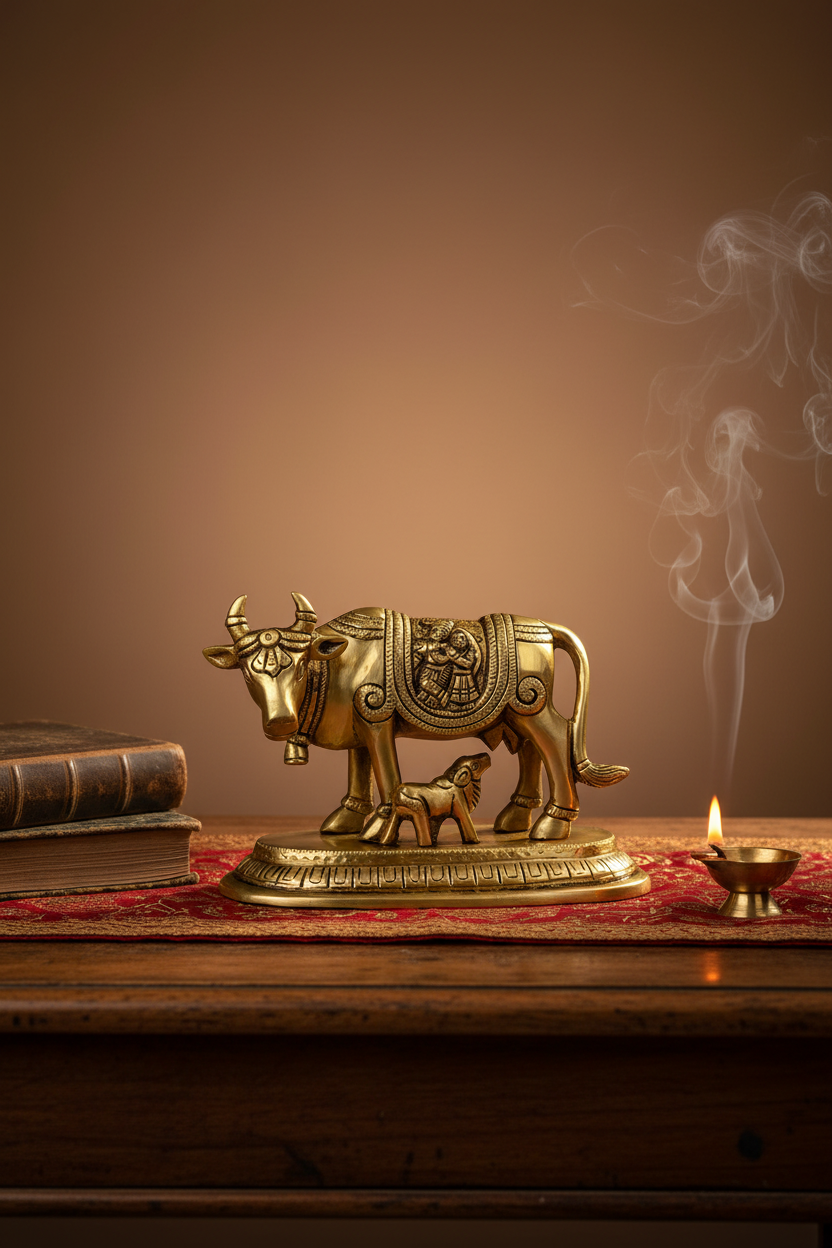 Surbhi Cow and Calf Gau Mata With Radha Krishna Engraving Handcrafted Pure Brass Idol