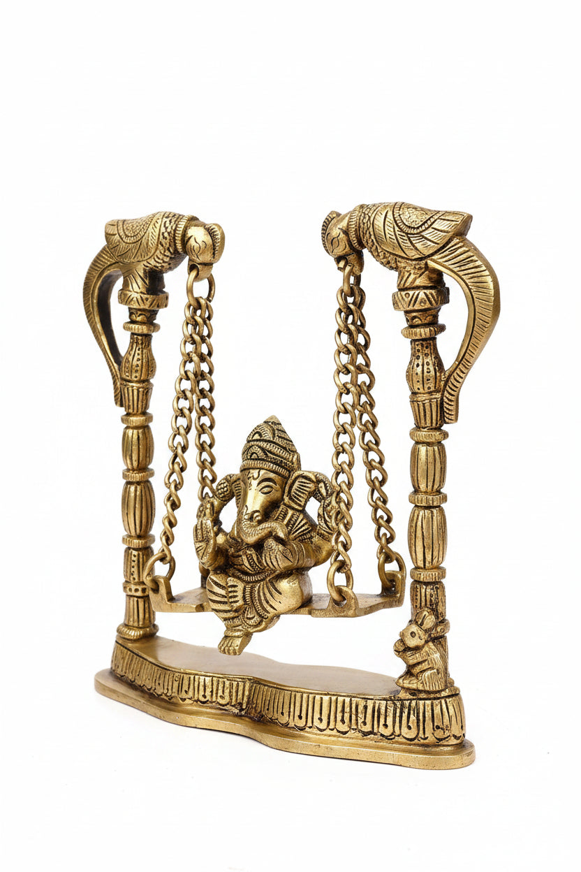 Swing Ganesha Brass Idol Handcrafted Jhula Ganpati Statue for Home Puja and Temple Decor