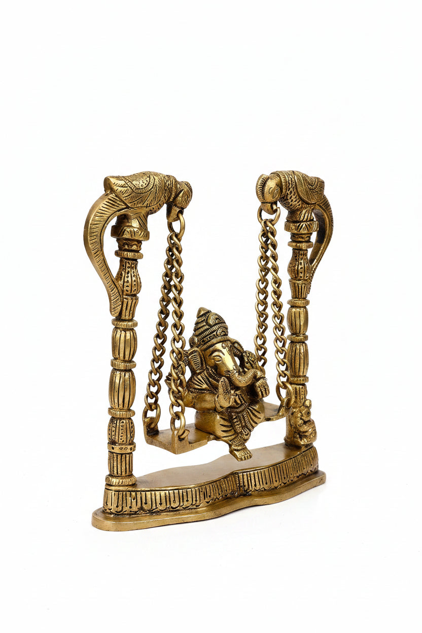 Swing Ganesha Brass Idol Handcrafted Jhula Ganpati Statue for Home Puja and Temple Decor