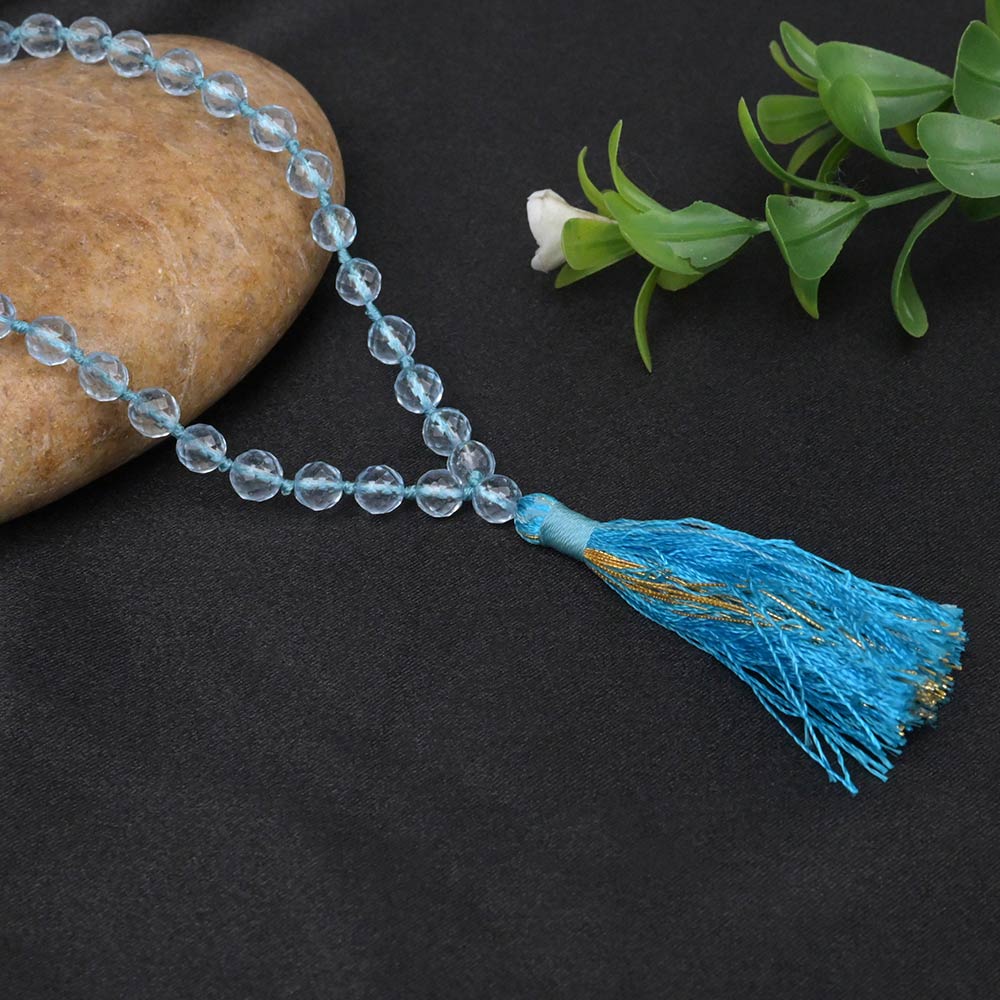 Blue Topaz Faceted Beads Knotted Mala-10 mm