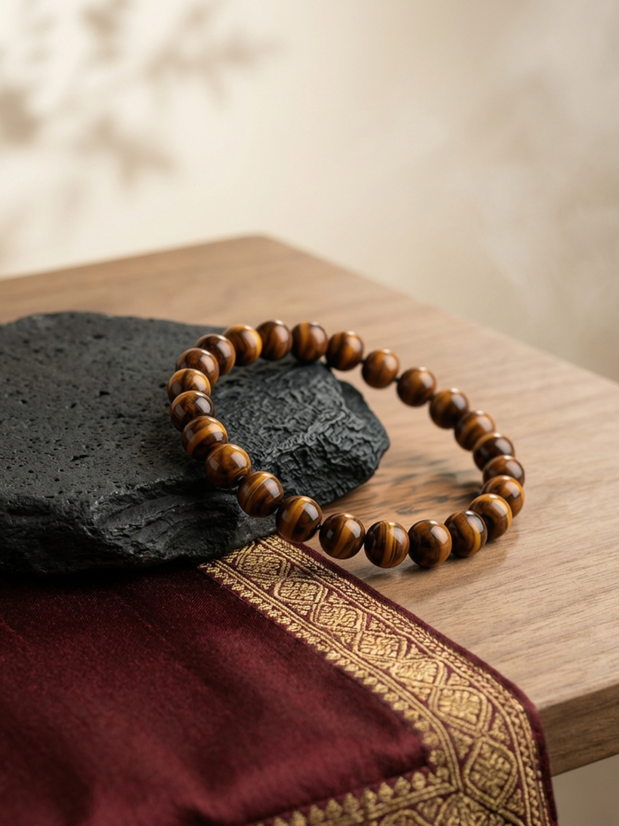 Front flat lay view of the Mani Monk Tiger Eye crystal bracelet alongside a raw Selenite plate, beautifully styled on a dark stone and traditional red cloth.