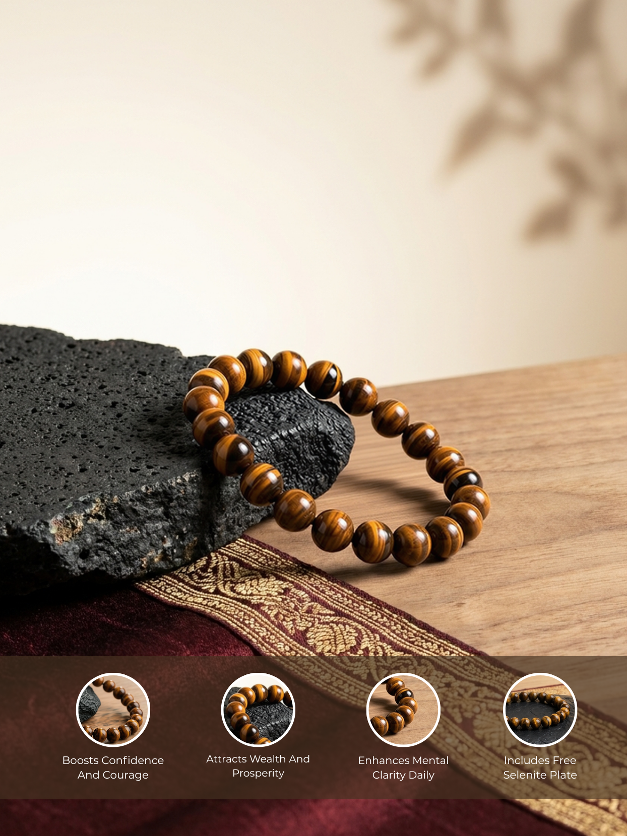 Detailed feature graphic of the Mani Monk Tiger Eye bracelet and raw Selenite plate highlighting the premium natural crystal materials, smooth bead design, and comfortable stretch fit