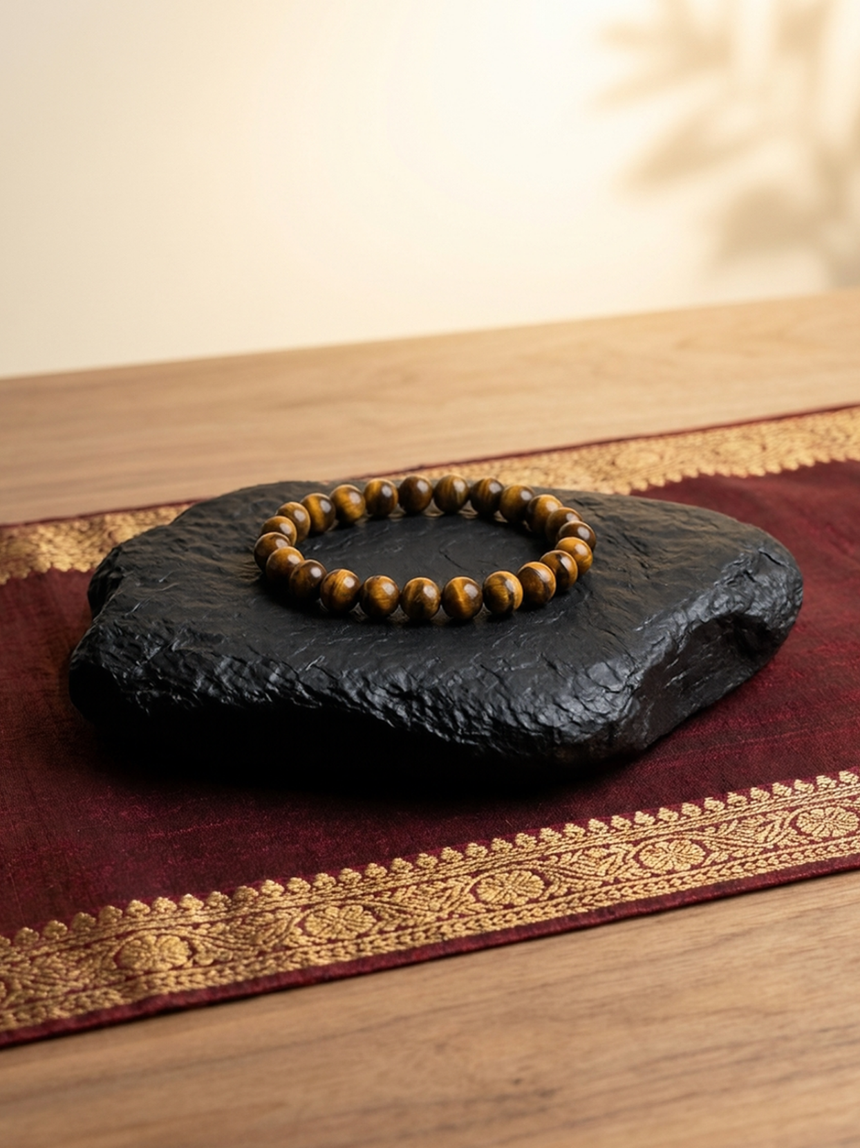 Angled lifestyle shot of the golden-brown Tiger Eye beaded stretch bracelet paired with a raw Selenite charging plate, resting on a textured black stone against a warm, neutral background.