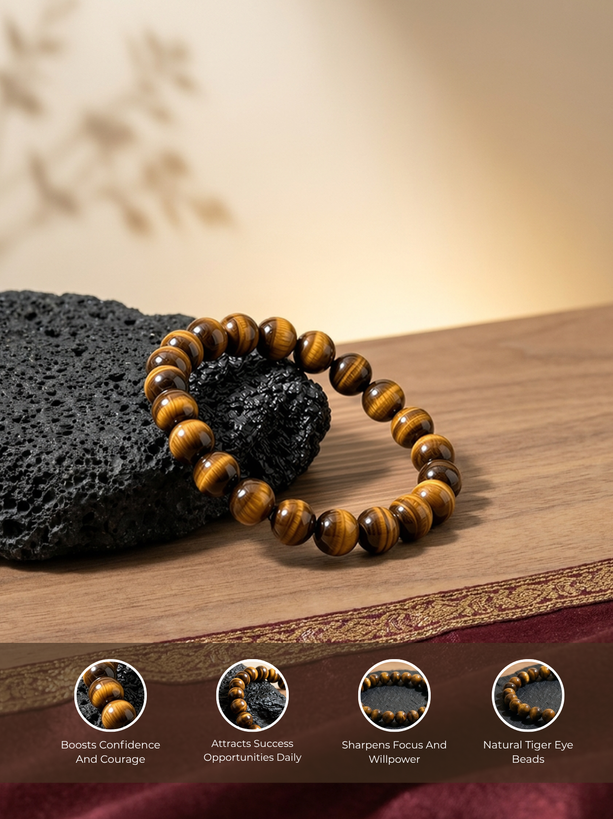 Detailed feature graphic of the Mani Monk Tiger Eye 'The Celeb' bracelet highlighting the premium natural crystal stones, distinctive bead design, and comfortable elastic stretch fit.