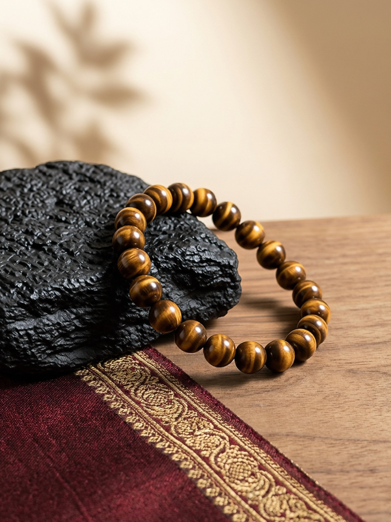 Angled lifestyle shot of the golden-brown Tiger Eye 'The Celeb' beaded stretch bracelet resting on a textured black stone against a warm, neutral background.