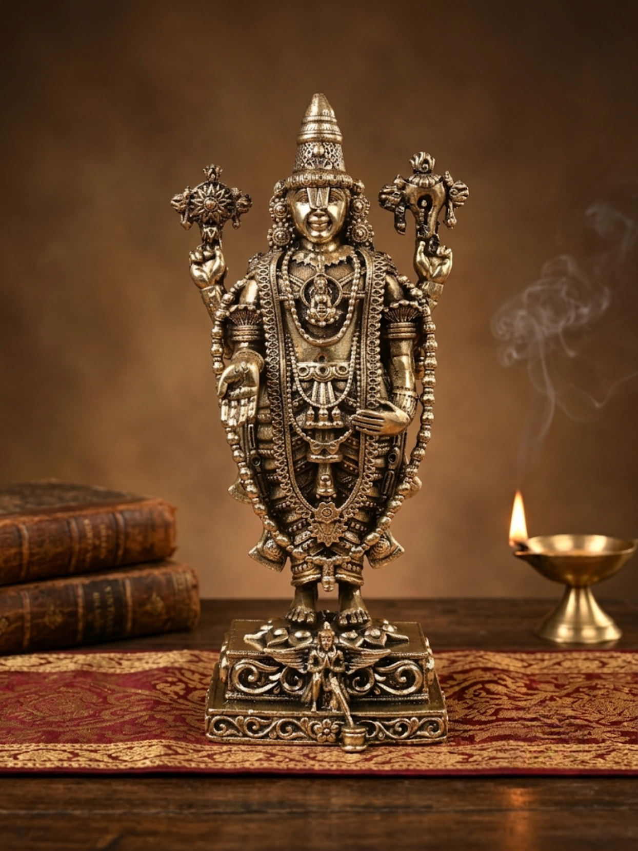 Front view of the Mani Monk Ashtadhatu Tirupati Balaji idol, styled on a traditional pooja altar with incense and a lit diya.