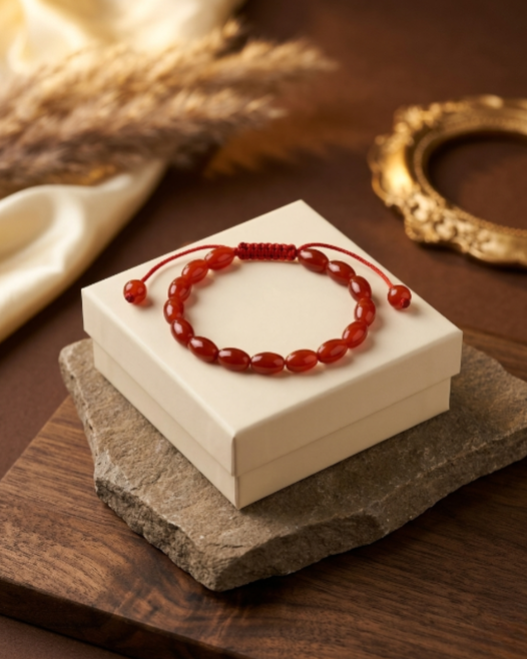 Natural Red Carnelian Oval Beads Adjustable Bracelet