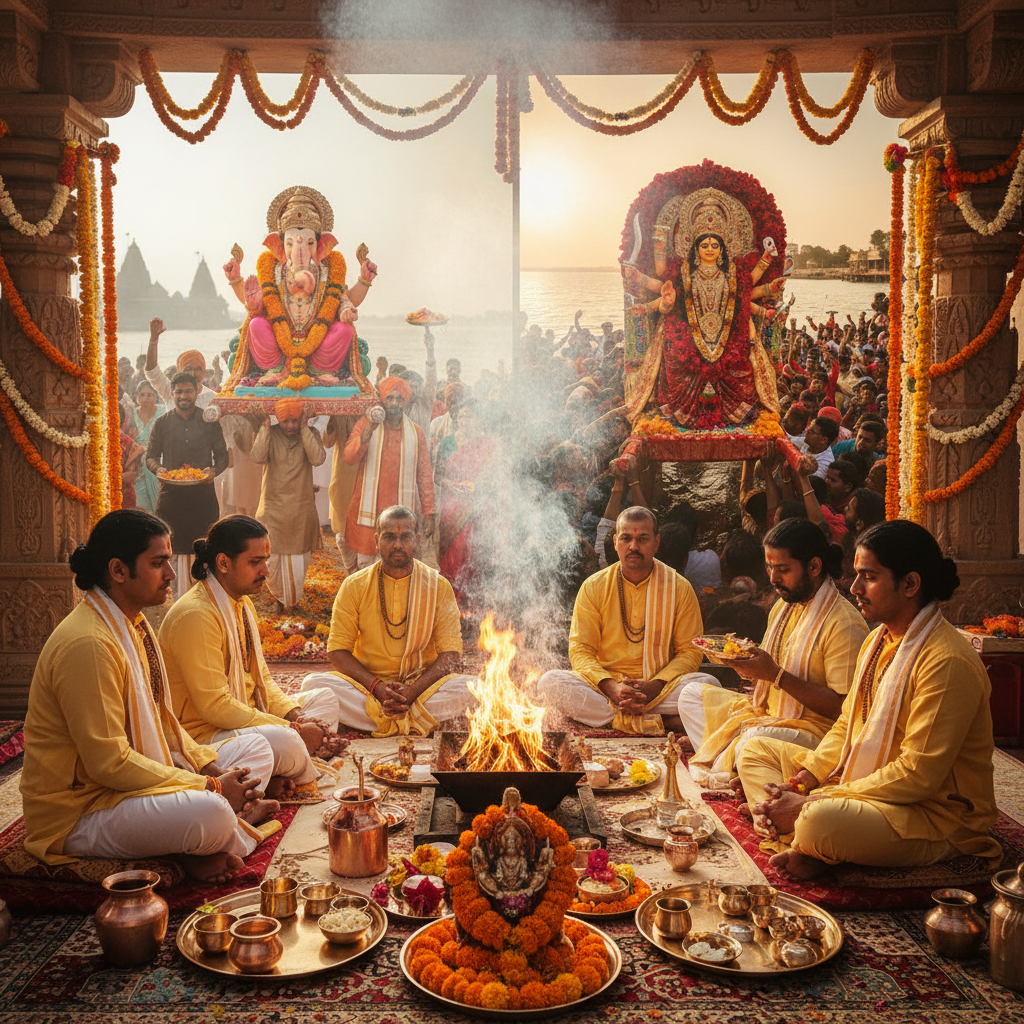 Uttar Puja, Square image of  Puja with specific Lord visuals glowing in the background, 4–6 pandits sitting and performing pooja around a havan kund, traditional setup, spiritual atmosphere, high-quality.