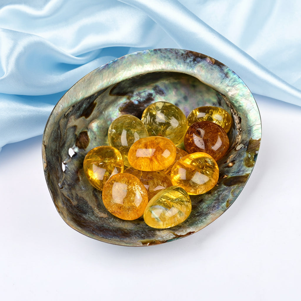 8 Directions Tumble Stone in Paua Shell-With Plate-Yellow Citrine (South East)