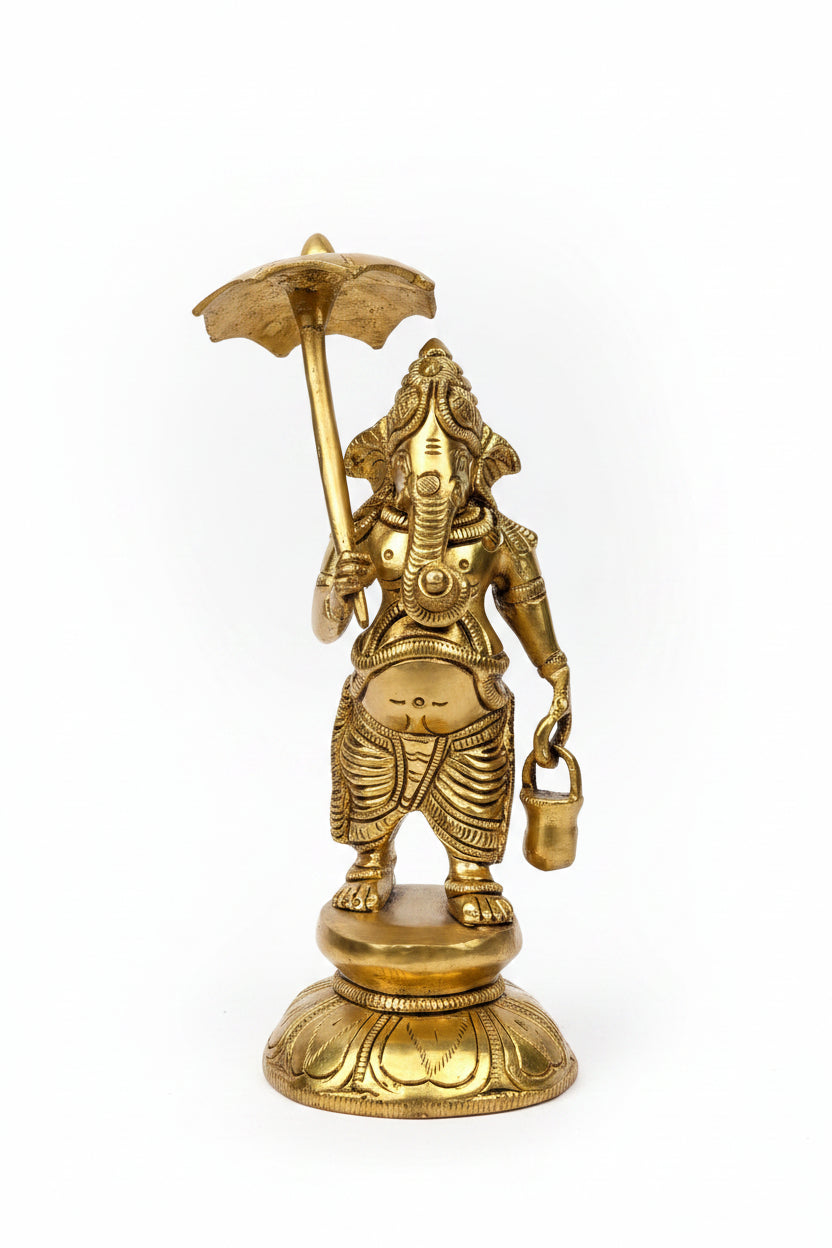 Vaman Avtar Ganesh with Umbrella and Kamandalu Brass Murti 6 Inch Handcrafted Rare Ganesha Idol for Home Puja and Collectors