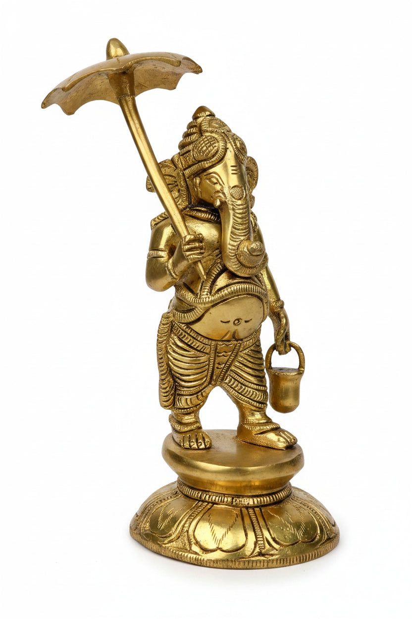 Vaman Avtar Ganesh with Umbrella and Kamandalu Brass Murti 6 Inch Handcrafted Rare Ganesha Idol for Home Puja and Collectors