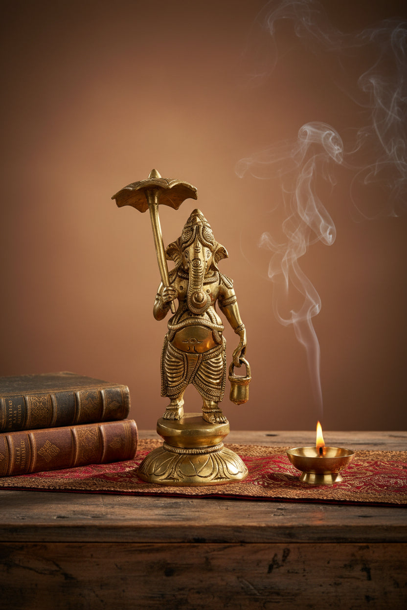 Vaman Avtar Ganesh with Umbrella and Kamandalu Brass Murti 6 Inch Handcrafted Rare Ganesha Idol for Home Puja and Collectors
