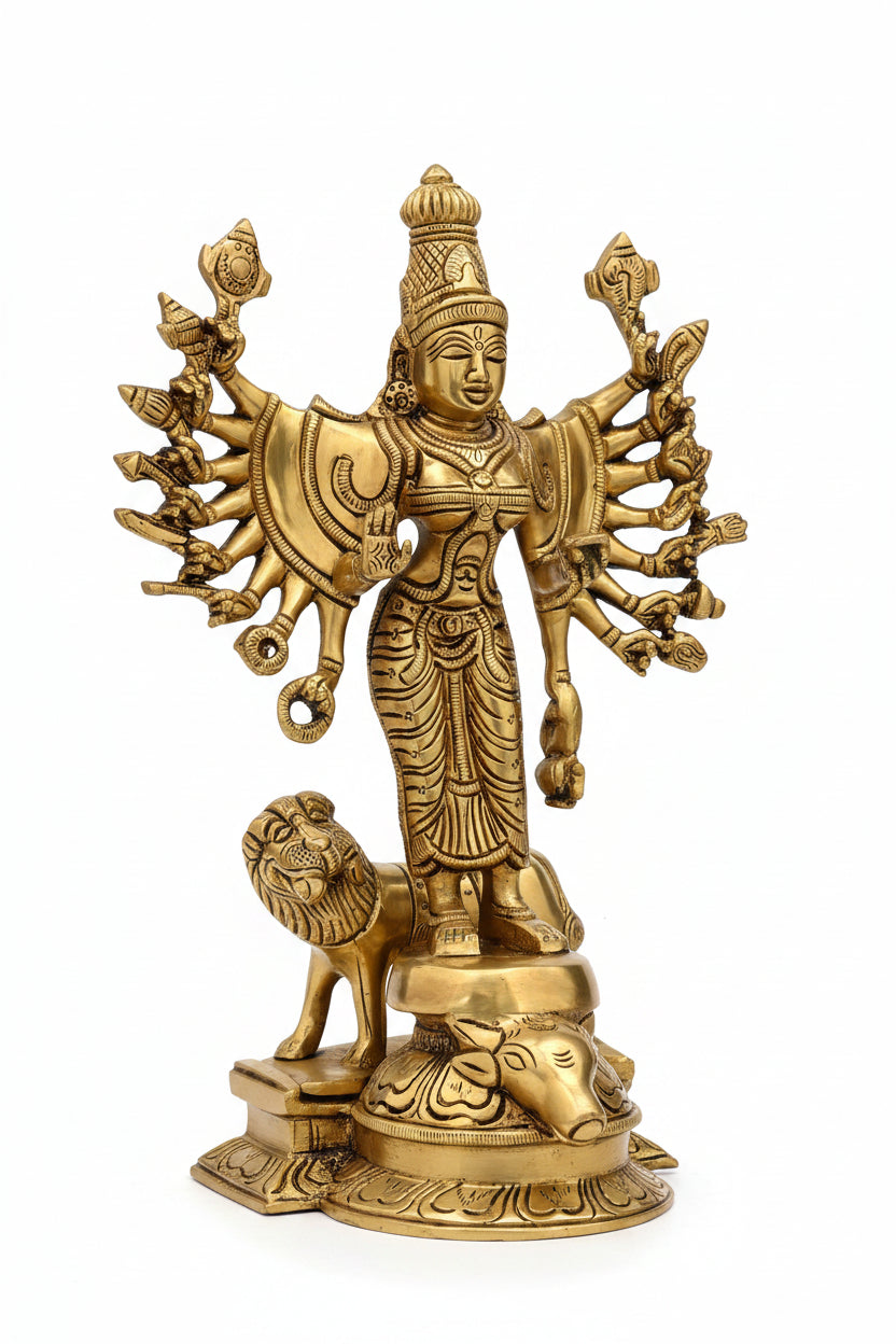 Vana Durga Brass Idol 9.5 Inch Handcrafted Murti for Home Temple and Puja - ManiMonk