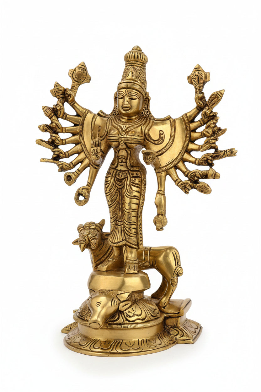 Vana Durga Brass Idol 9.5 Inch Handcrafted Murti for Home Temple and Puja - ManiMonk