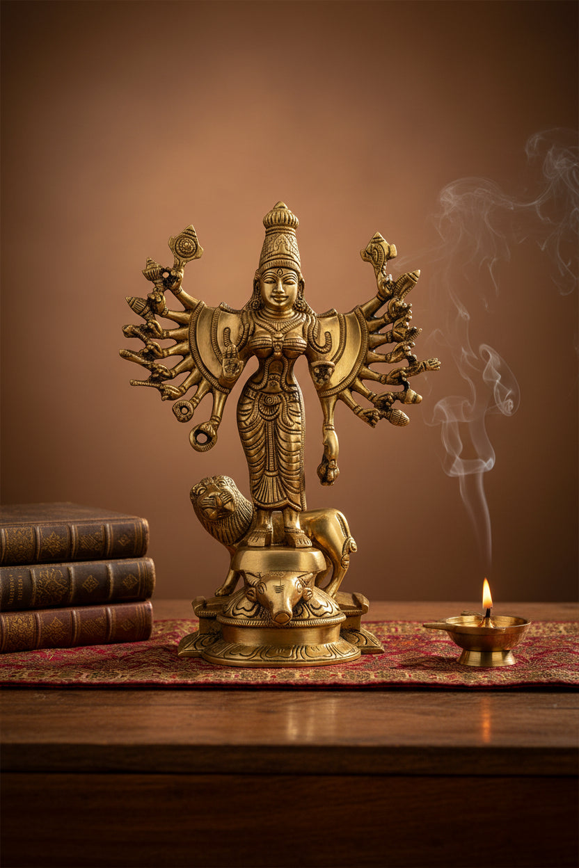 Vana Durga Brass Idol 9.5 Inch Handcrafted Murti for Home Temple and Puja