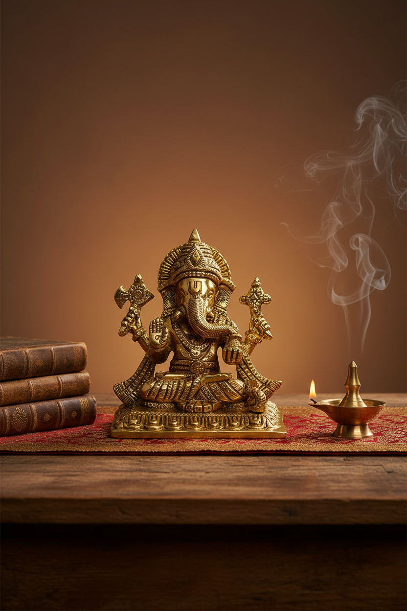 Vighnaharta Ganesh Brass Idol 4.1 Inch Handcrafted Pure Brass Obstacle Remover Ganesha Murti