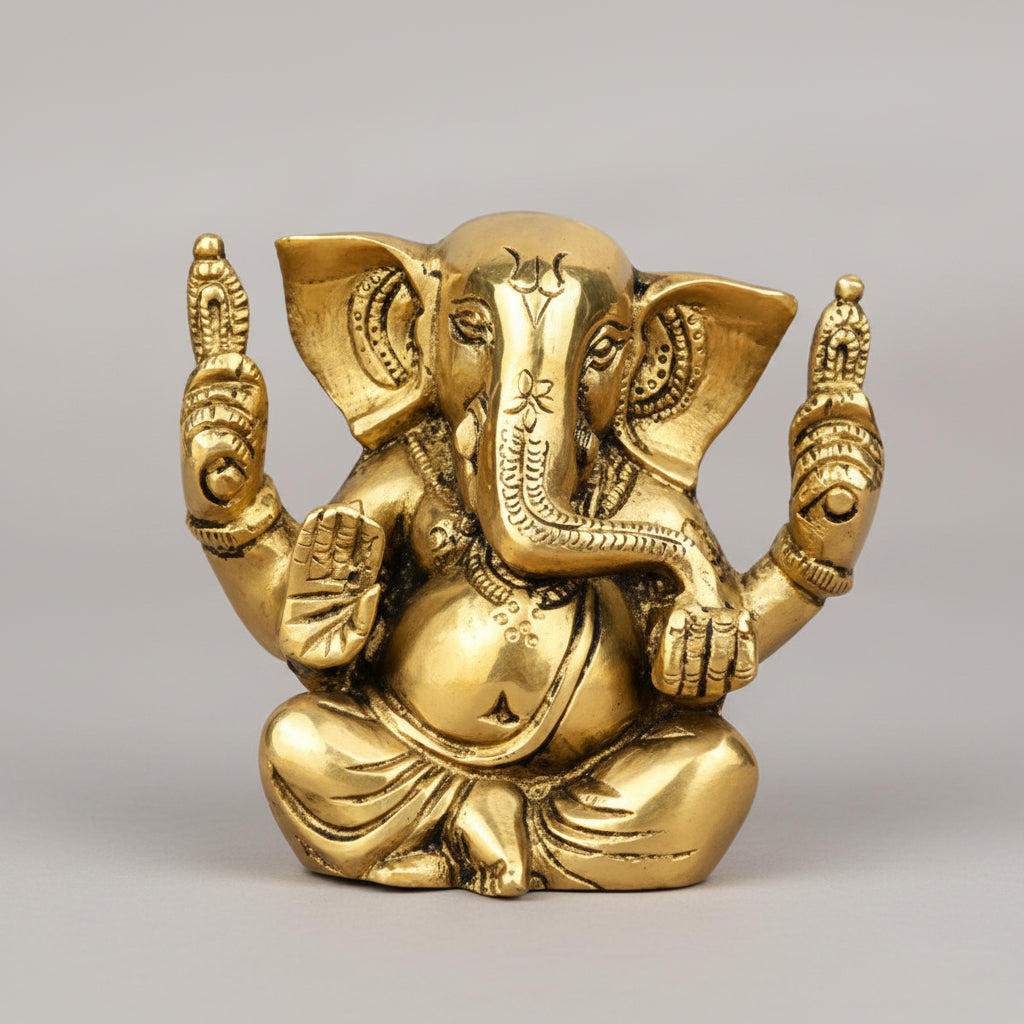 Vignaharta Ganesha Brass Murti 3.3 Inch Pure Brass Idol Handcrafted for Home Puja and Gifting