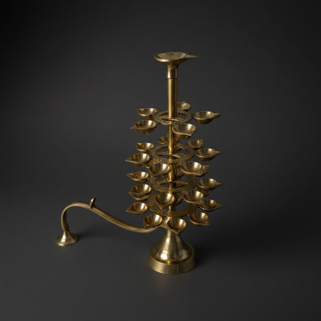 4 Tier Brass Ganga Aarti Lamp (31 Diyas) with Handle