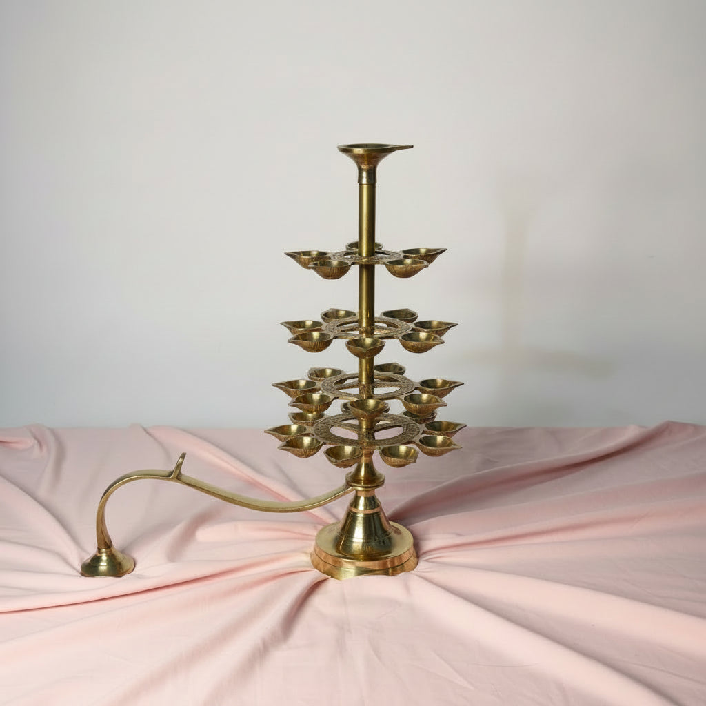 4 Tier Brass Ganga Aarti Lamp (31 Diyas) with Handle