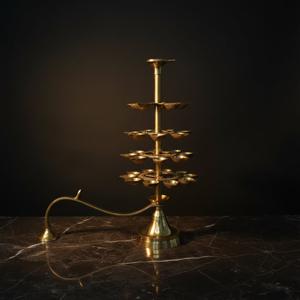 4 Tier Brass Ganga Aarti Lamp (31 Diyas) with Handle