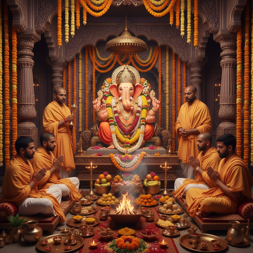 add 7 pandits doing pooja of ganpati, square img