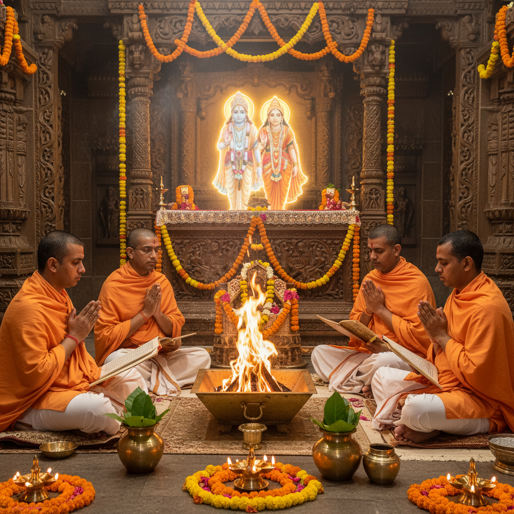 Akhand Ramayan Paath at Sitaram Das Mandir, Square image of  Puja with specific Lord visuals glowing in the background, 4–6 pandits sitting and performing pooja around a havan kund, traditional setup, spiritual atmosphere, high-quality.