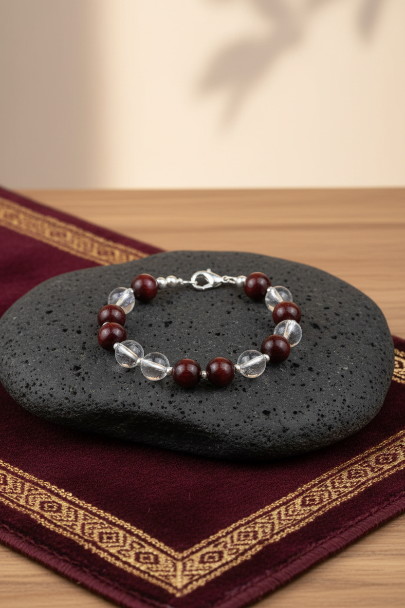 Mani Monk Sacred Round Sphatik & Red Sandalwood Bracelet with Silver Balls & Hook – 8 mm